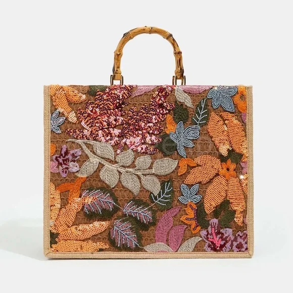 Sequined Floral Decorated Straw Tote Bag Bamboo Handle Embroidered - Picture 7 of 11